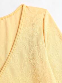 Sweetra Spring Summer Autumn Winter Pale Yellow Knitted Textured Jacquard Fashion Sexy Cottagecore Cute Low V-Neck Bowknot Waist A-Line Short Dress - Yellow - View 4