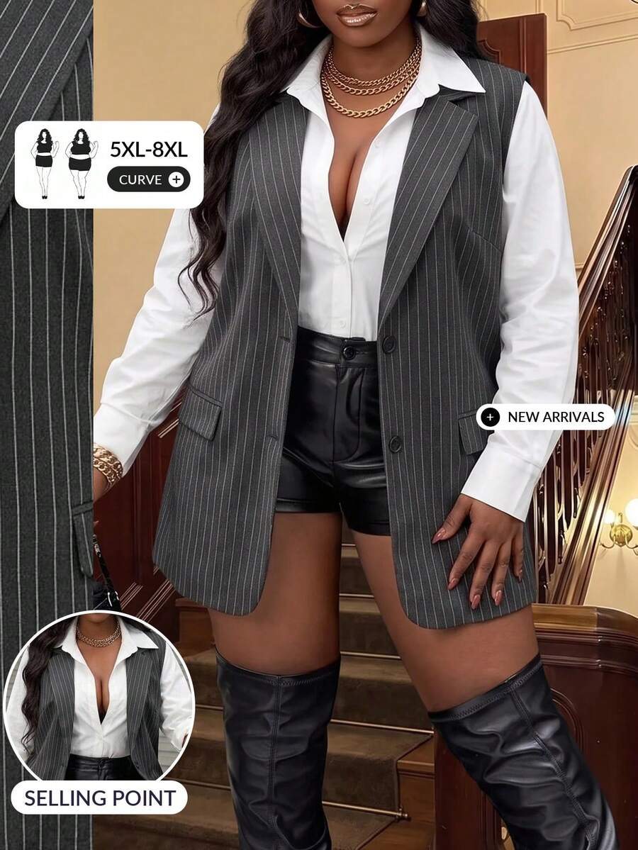 SHEIN CURVE+ Plus Size Women's Striped Vest Suit, Elegant Commuting ...
