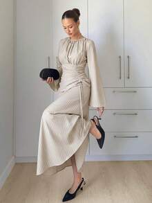 Siren Gaze Women's Striped Round Neck Long Sleeve Drawstring Waist Casual Long Dress - Apricot - View 3