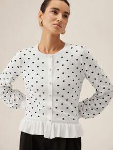 SHEIN Orluneo Cardigan Rajut Ruffle Lengan Panjang Bermotif Polkadot untuk Wanita - MultiWarna - View 3