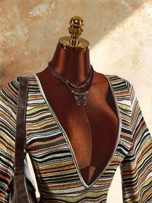 Amplova Women's Deep V-Neck Back Beaded Flare Sleeve Striped Sexy Mini Dress - Brown - View 5