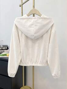 SHEIN 青少年女孩編織素色貼袋短版寬鬆休閒連帽外套 - 白色 - 查看 2