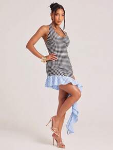 NYA SZN Dress Mini Length High Low Hem Ghingham Color Block Flounce Detail Ruffle Sleeveless Outfits For Women - Black and White - View 4