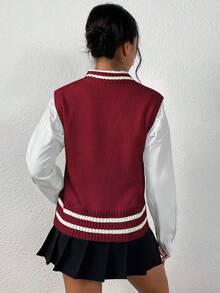 SHEIN PariChic 女款休閒百搭拼色條紋針織背心 - 酒紅色 - 查看 2