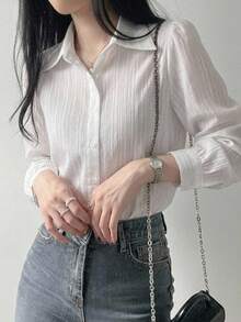 DAZY 女款百褶純色翻領寬鬆襯衫，黑色，春秋款 - 白色 - 查看 1