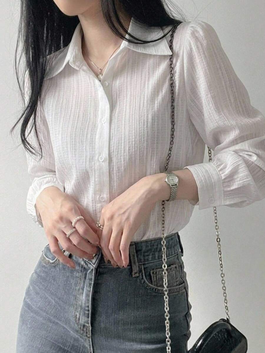 DAZY 女款百褶純色翻領寬鬆襯衫,黑色,春秋款 - 白色 - 查看 1