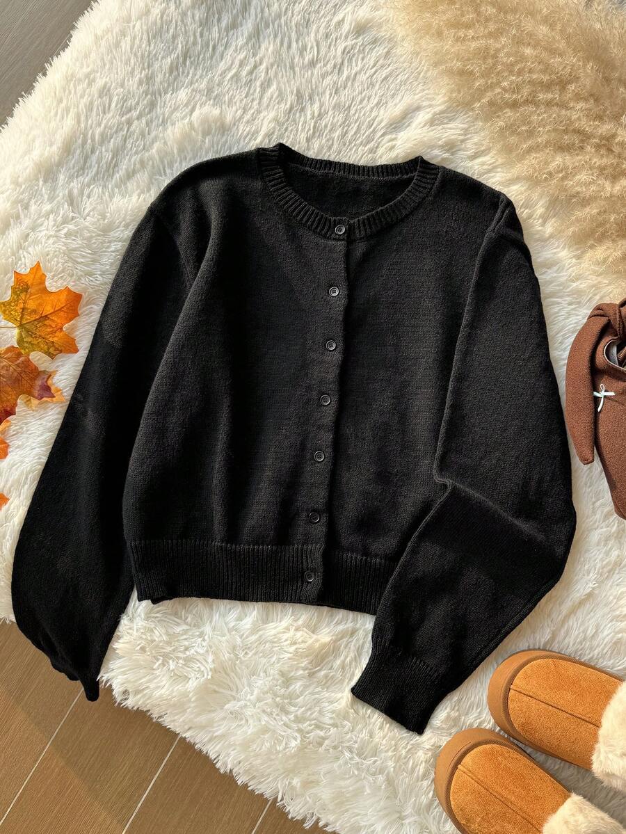 Comfortcana Plus Size Casual Versatile Solid Color Cardigan Winter - Black - View 1