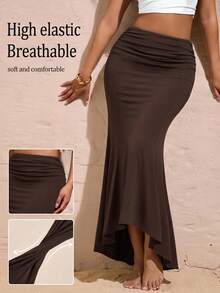 Opulessa Rok Wanita Polos Kasual Elegan Serbaguna untuk Sehari-hari, Cocok untuk Kencan, Makan Malam, Cokelat Tua, Musim Gugur - Coklat - View 9