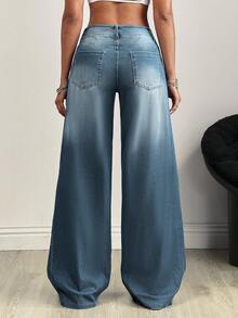 SHEIN Tall Front Patchwork Washed Wide Leg Denim Jeans - Grey - View 2