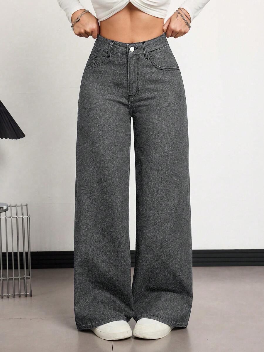 SHEIN Tall 女款寬腿鬆垮休閒百搭牛仔褲,附口袋 - 灰色 - 查看 1