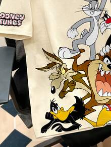 LOONEY TUNES X SHEIN Daypath 男士卡通印花圓領短袖休閒街頭風T恤 米色 夏季度假款 - 杏色 - 查看 4