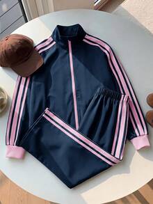 SHEIN 兒童青少年女孩休閒新款秋冬時尚海軍藍與白色條紋拼接長袖拉鍊外套與長褲2件套返校季秋冬服飾開襟外套套裝 - 藍色 - 查看 1