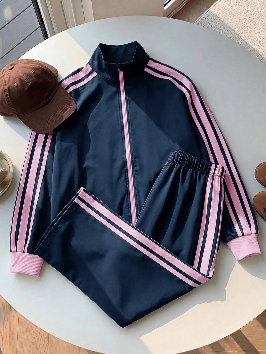SHEIN 兒童青少年女孩休閒新款秋冬時尚海軍藍與白色條紋拼接長袖拉鍊外套與長褲2件套返校季秋冬服飾開襟外套套裝 - 藍色 - 查看 1