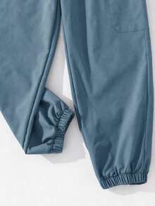 SHEIN Little Byeori Kids Tween Boy Casual Sports Print Pattern Patch Pocket Loose Cuffed Solid Color Cargo Pants, Suitable For Commuting, School, Daily Wear, Vacation, Travel, Sports, Spring, Summer, Autumn, Winter - Blue - View 6