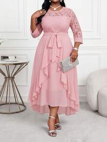 SHEIN Lady Elegantes Midi-Kleid Große Größen für Damen, rosa, mit Spitze, Stickerei, Cut Out Ärmeln, Rüschen und Lagen, für Herbsthochzeiten, Abendveranstaltungen, Gäste, Ninang, Business und Lehrer - Altrosa - Übersicht 4