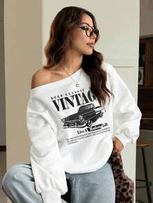 SHEIN EZwear 33% Cotton Blend Casual Autumn/Winter White Loose Asymmetrical Shoulder Women's Sweatshirt, Retro Print Pattern, Versatile - Multicolor - View 4