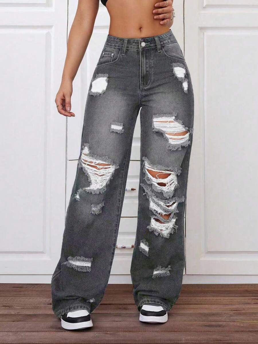 SHEIN ICON 大尺碼女款夏季前衛街頭風破洞直筒牛仔褲 - 深灰色 - 查看 1