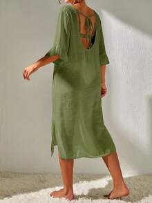 Swim Basics Women's Solid Color V-Neck Ruffle Sleeve Mask Dress For Vacation - Army Green - View 2