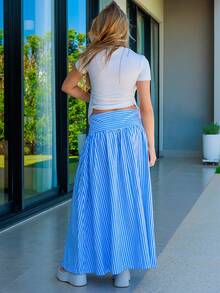 Bela Noronha Rok Liburan Wanita Bergaris Modis Serbaguna dengan Resleting - Blue and White - View 3
