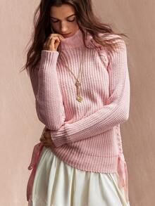Willow Rêve Women's Baby Pink Rib-Knit Long Sweater Top With Turtleneck, Long Sleeves And Ribbon Side Ties, Cute Autumn Everyday Date Night Style,Cute Tops - Baby Pink - View 4