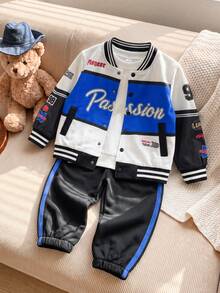 SHEIN Playful Pals 2件組男童秋冬時尚街頭風學院風休閒藍黑白拼色字母印花賽車棒球夾克搭配鬆緊腰長褲運動套裝，適合日常穿著與多種場合 - 藍白色 - 查看 11