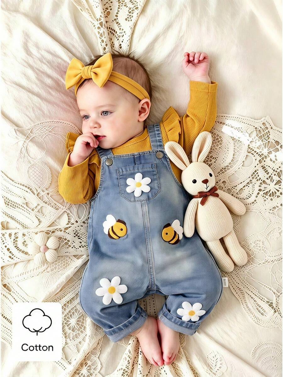 SHEIN Vintaside Kids 2件組女嬰幼兒0-3歲春秋保暖奶油黃水藍色荷葉袖上衣搭配水洗牛仔吊帶褲 3D雛菊蜜蜂設計 - 黃色 - 查看 1