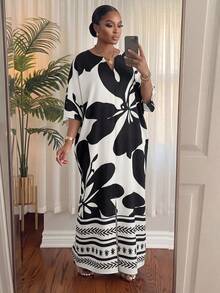 SHEIN Lady CURVE 大尺碼女款拼色休閒優雅日常度假夏季旅行洋裝 早午餐正式度假花卉白色 - 黑色 - 查看 5