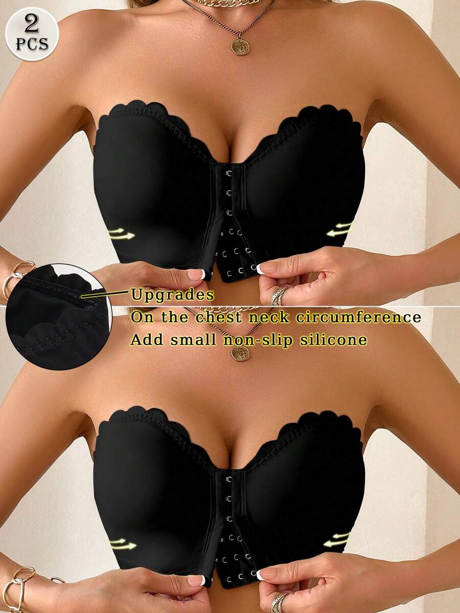 SHEIN Bra Set, Front Closure Wavy Edge Push-Up Removable Cup Pads, 2pcs - Black - View 1