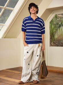 Whitmere Spring/Summer New Striped Knit Polo Shirt For Men, Contrast Color Seagull Collar, Textured Short Sleeve, Retro Casual Commute Business Sports Loose Fit Slimming Top - Blue - View 4