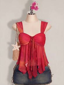 SHEIN ICON 度假休閒漸層印花不對稱下擺背心 - 玫紅色 - 查看 10