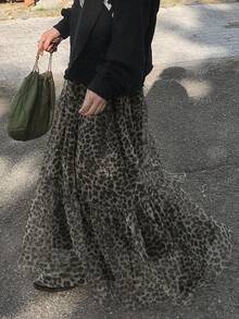 DAZY 女款豹紋荷葉邊裙襬休閒小碼裙 - 黑色 - 查看 6