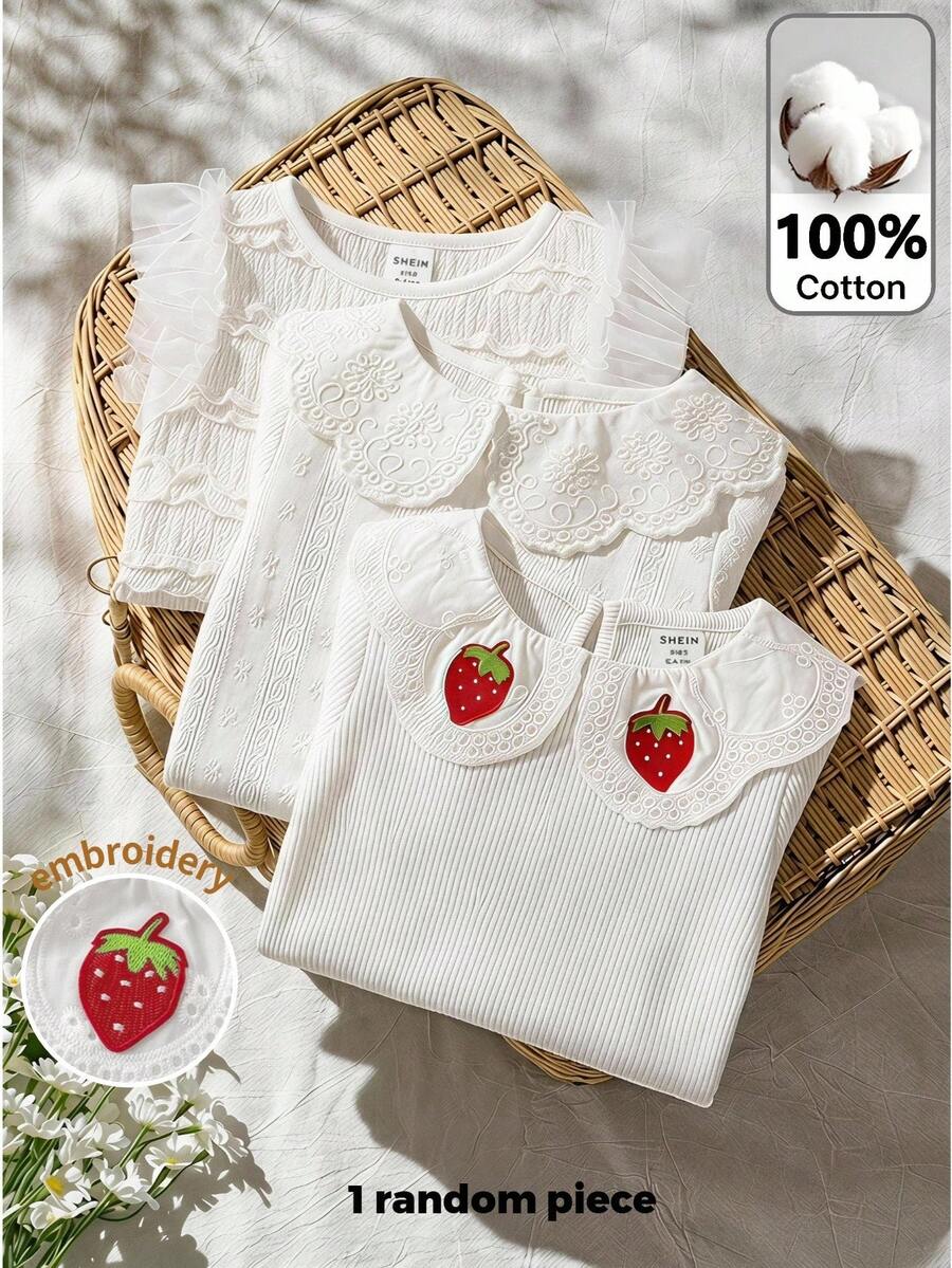 SHEIN 女嬰草莓刺繡圖案彼得潘領休閒百搭日常穿著上衣,1件隨機,白色 - 白色 - 查看 1