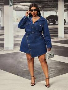 Slaydiva Women's Plus Size Fashion Single-Breasted Asymmetrical Long Sleeve Mini Dress, Autumn - Dark Wash - View 4