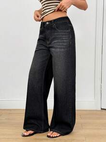 SHEIN Women's Charcoal Vintage Y2k Contrast Stitching Patchwork Straight Leg Jeans, Suitable For Commuting Going Out, Dating, Summer/Winter Outfits - Black - View 3