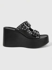 Sugerpunk Women's Fashion Platform Sandals, Dark Punk Style Heavy Industry Rivet Gas Eye Design Thick-Soled Wedge Sandals, Adjustable Elastic Design Subculture - Jazz Black - View 1