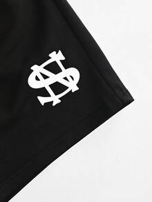 STYNVO 男士字母印花落肩袖T恤與短褲休閒套裝 - 黑色 - 查看 5