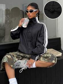 Muchica Women's Street Striped Colorblock Frog Button Long Sleeve Lightweight Jacket - Black and White - View 2