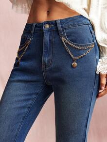 Willow Rêve Women's Navy Blue High-Waist Flared Jeans, Solid Washed Denim Chain-Decor Button Pockets, Retro Street 90s Vintage 70s Summer Everyday Night Out - Blue - View 7