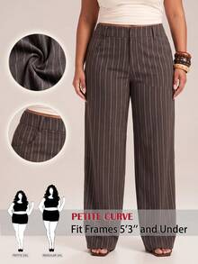 SHEIN PETITE CURVE 大尺碼時尚通勤條紋寬腿褲 教師節辦公室半正式晚餐深綠色秋季休閒 - 棕色 - 查看 6