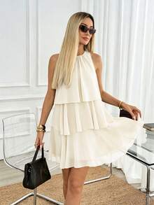 Easowa Round Neck Multi-Layer Ruffle A-Line Chiffon Sheer Flowy Sleeveless Casual Relaxed Elegant Commute Old Money Style Vacation Spring Summer Women's Short Dress - Cream - View 6