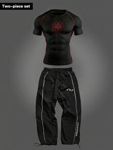 Gym Rark 男士蜘蛛圖案短袖上衣與長褲休閒日常運動套裝 - 黑色 - 查看 1