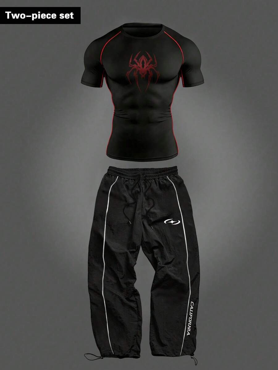 Gym Rark 男士蜘蛛圖案短袖上衣與長褲休閒日常運動套裝 - 黑色 - 查看 1