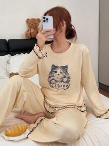 Napfluff Set Piyama Rajut Lengan Panjang Wanita Motif Kucing di Bagian Dada dengan Celana Panjang - Aprikot - View 1