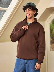 Whitmere Men's Stand Collar Zipper Half Placket Casual Versatile Commute Autumn/Winter Long Sleeve Sweatshirt - Brown - View 4