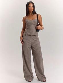 SHEIN BAE Women's Striped Fitted Casual Camisole - Khaki - View 1