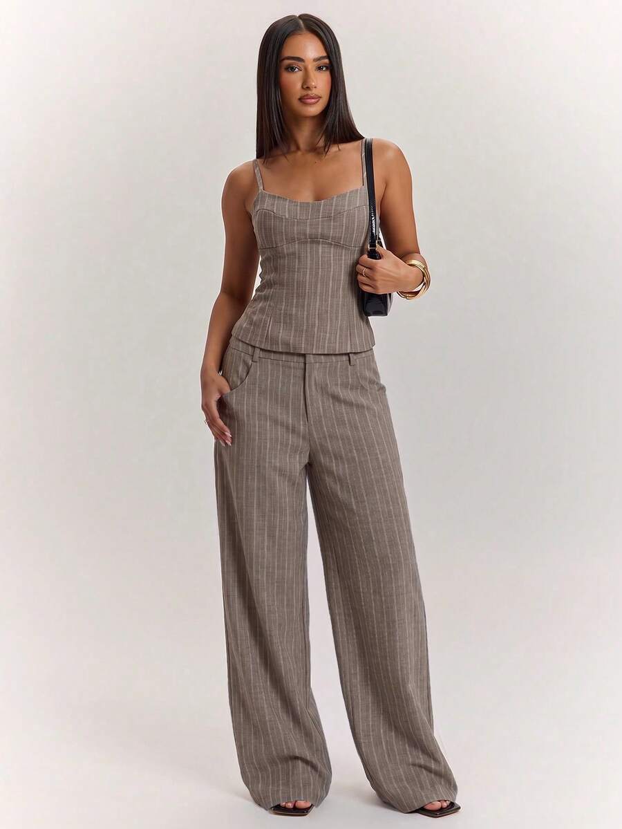 SHEIN BAE Women's Striped Fitted Casual Camisole - Khaki - View 1