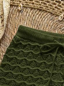 Soleia Knitted Crochet Drawstring Hollow Out Fitted Shorts - Army Green - View 5