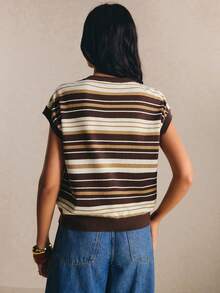 Poéselle Women Striped Sweater Vest, Round Neck Sleeveless Knit Top For Daily Wear, Vintage-Style Striped Vest,Women Fall Winter Sweater - Coffee Brown - View 2