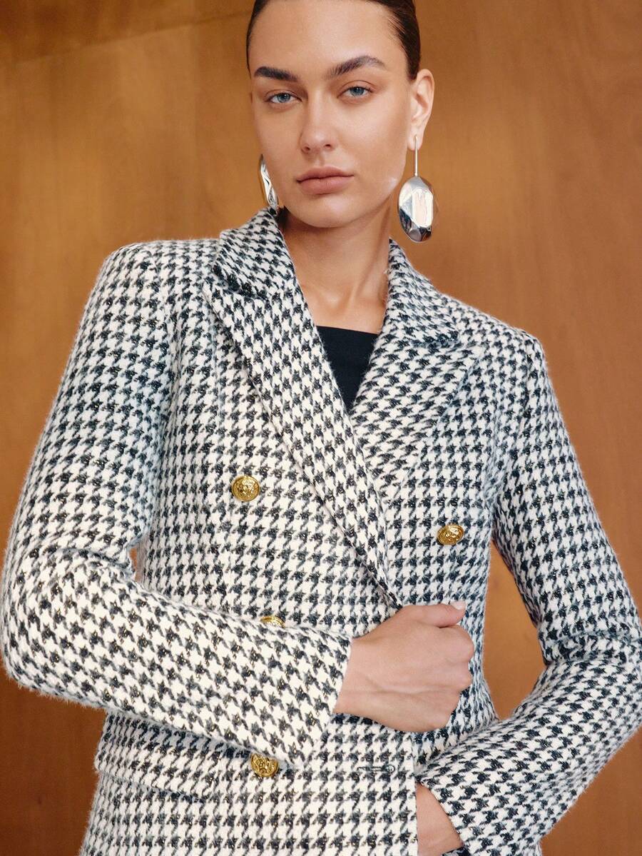 MOTF PREMIUM WOMEN'S BLACK AND WHITE HOUNDSTOOTH ELEGANT COMMUTE AUTUMN/WINTER BLAZER - Grey - View 2
