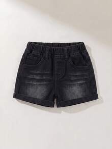 Maija Kids Maija Kids 女童 Y2K 休閒基礎款牛仔短褲，兒童春夏休閒度假鄉村波西米亞風穿搭，沙灘、西部街頭風 - 黑色 - 查看 1